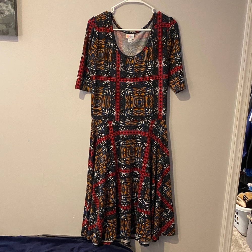 LuLaRoe Red and Yellow Patterned Midi Dress